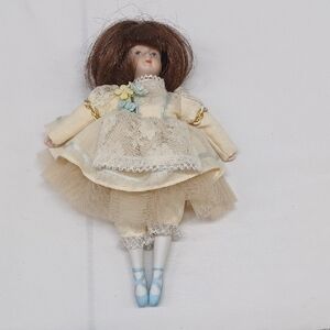 Vintage Porcelain Balerina Doll in Light Yellow Dress with Blue Ballet Slippers